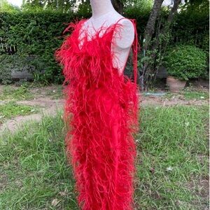Custom Red Backless Ostrich Feather Maxi Dress
